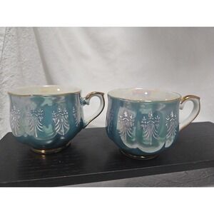 Vintage Glory China Demitasse Cup Green Opaque Gold Trim Set Of 2‎
